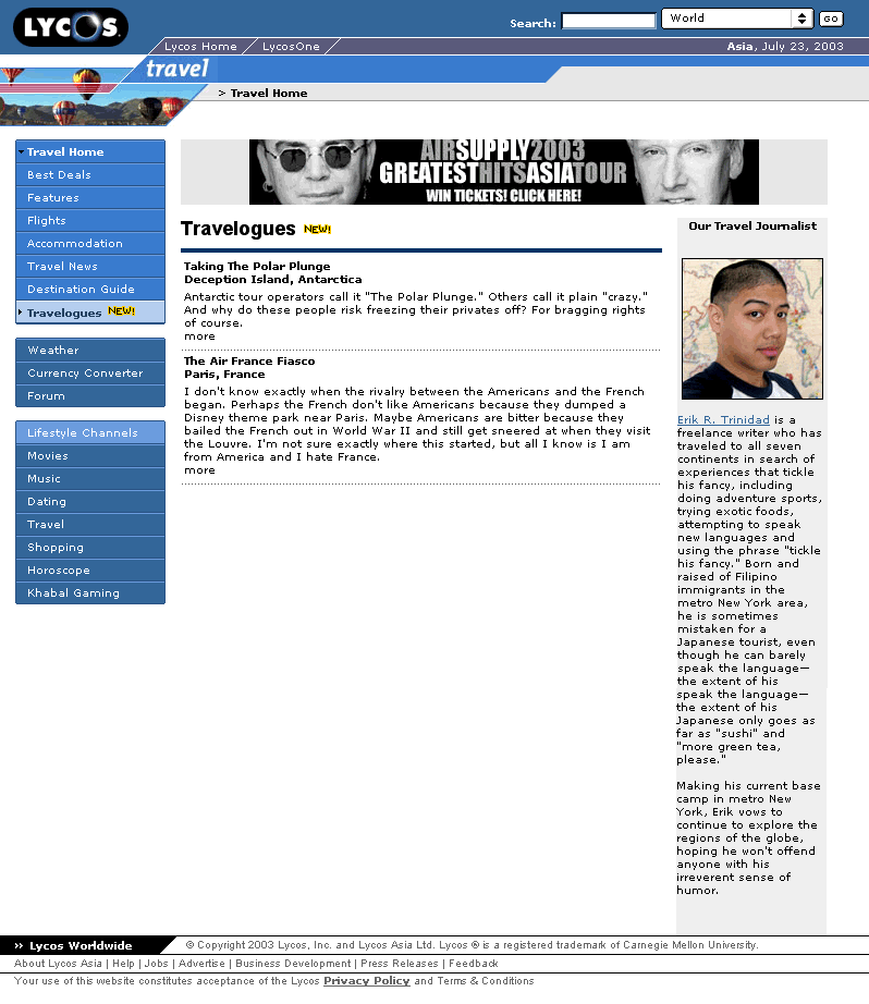 Lycos Travelogues Bio Page (backup)